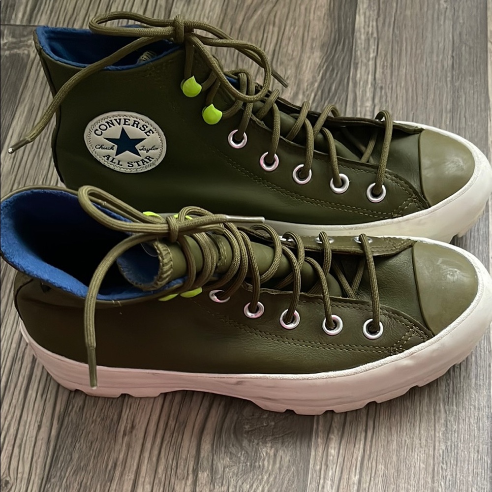 Converse High-Top Sneakers in Olive with Blue Lining